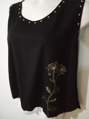 ERIKA Women's 3X Black Tank Top Beaded Detail Linen Blend Sleeveless Pullover 