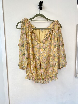 Max Studio Cold Shoulder Ruffled Split Neck Blouse, yellow & pink floral, size S