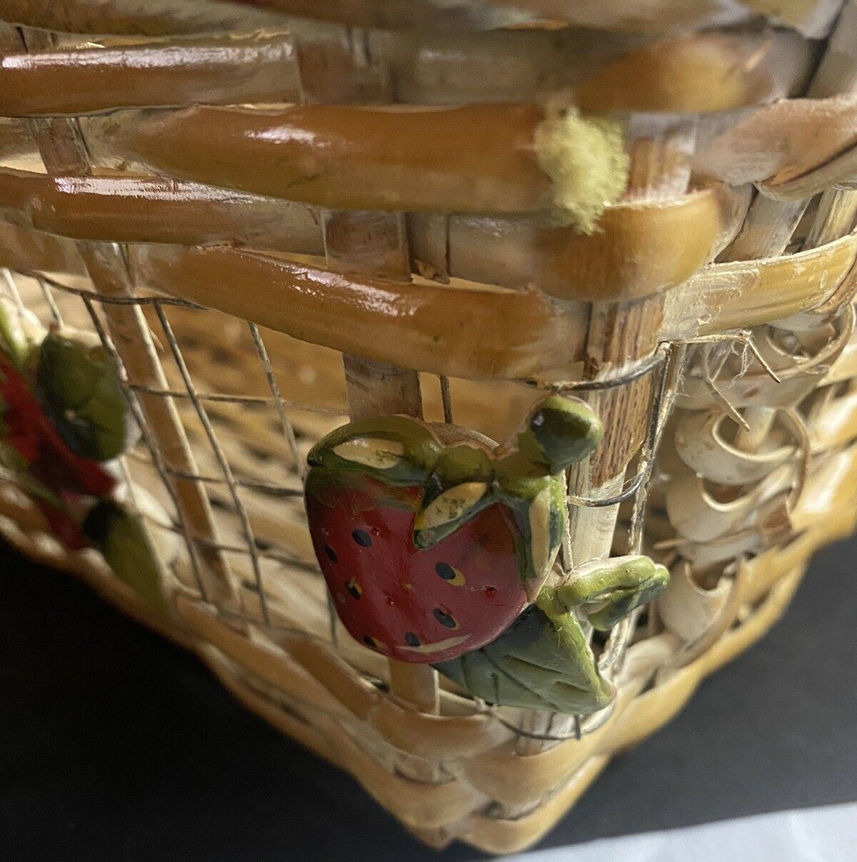 Rectangular Wicker Basket with Ceramic Painted Strawberries - 13 x 6.5 inches