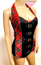 (14)  Damen Vollbrust Corsage , schwarz + rot kariert , Größe  :  L