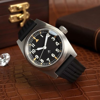 Brushed Vintage 38mm Tandorio Black Dial Miyota 8215 Pilot Automatic Mens Watch