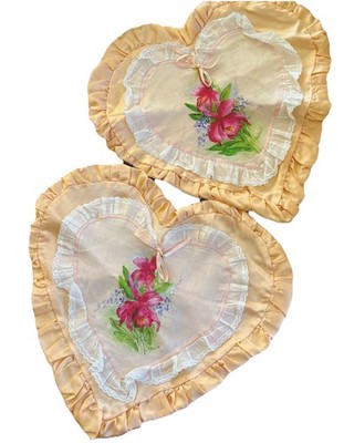 Pair(2) Heart Shaped Pillow Covers Satiny Lace Boudoir Baby Hand Painted- READ