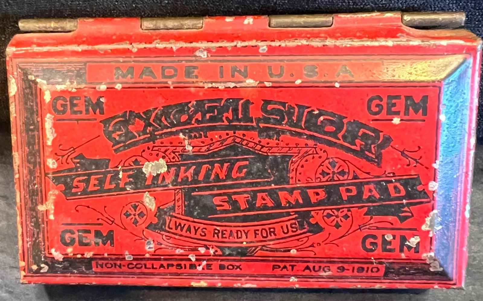 1910s Vintage Rare Gem Excelsior Self Inking Stamp Pad Adv Litho Tin Box