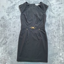 Calvin Klein Dress Womens 6 Black Fitted Pleated Gold Attached Belt Career LBD