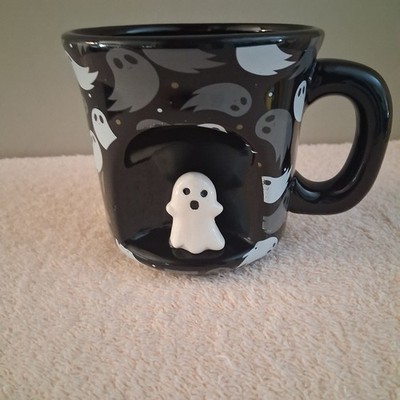  Halloween Black Ceramic 16 oz Coffee Mug with 3D Ghost Inset and Ghost Pattern
