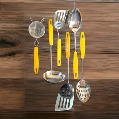 Vintage Ekco USA chromium plated Utensils Yellow Handles LOT of 6 Spatula Spoon 