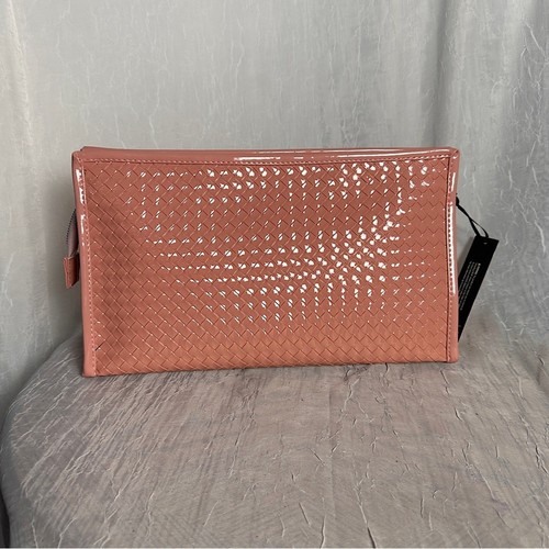 Nicole Miller Large Travel Toiletry Makeup Bag Pink Basket Weave Vegan Leather - Picture 14 of 15