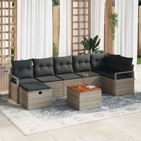 8-Teiliges Garten-Sofa-Set Mit Kissen Grau Poly Rattan, 2-Sitziges Garten-Sofa M