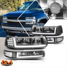 For 99-02 Chevy Silverado LED DRL Bumper Headlights Black Housing Clear Corner