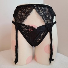 VTG Christian Dior Silky Satin Nylon Lace Panty  Garter Set Size M Black