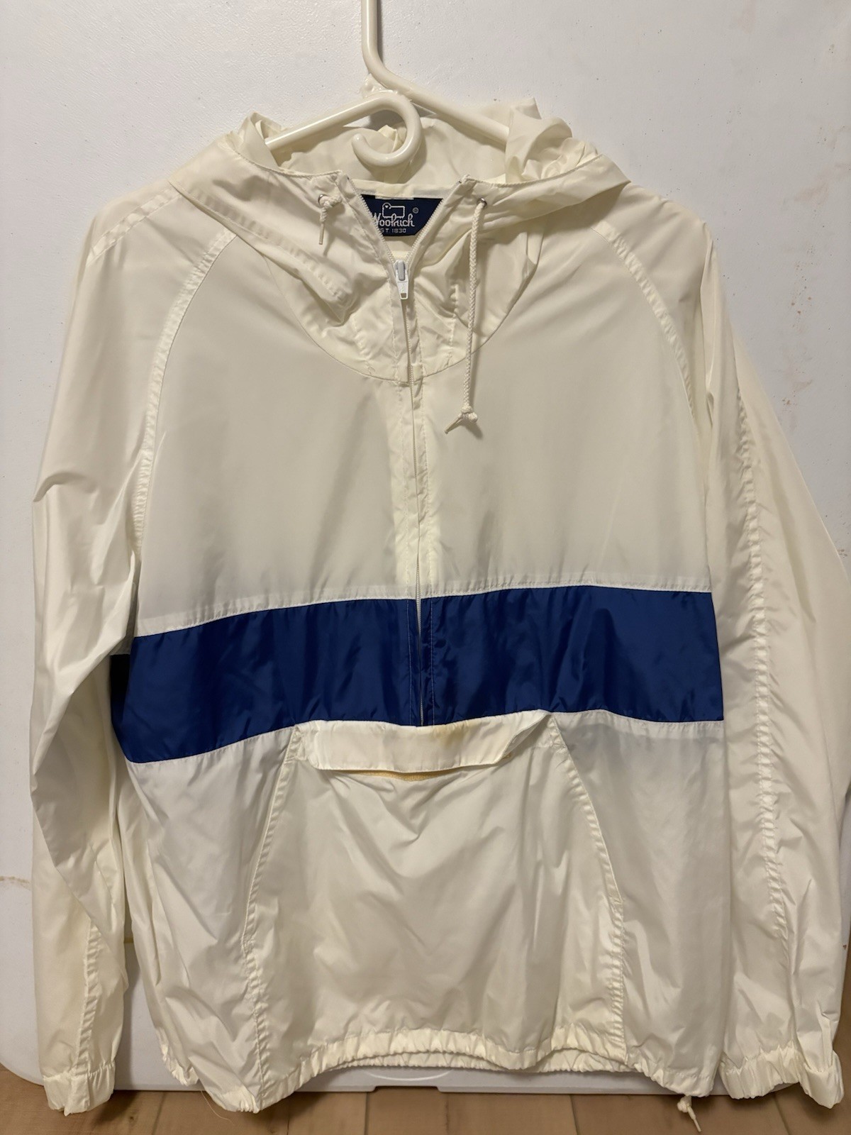 Vintage Woolrich Mens White/Blue Colorblock Hooded Zip Windbreaker Jacket Size M