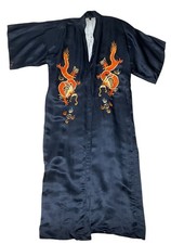 Vintage Black Silk Robe With Orange Embroidered Dragon Motif Open Front Long