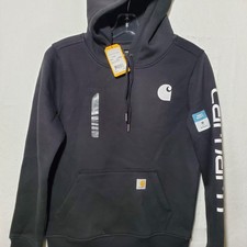 Carhartt Hoodie Womens XS Black Relaxed Fit Logo Sleeve Sweatshirt Fleece