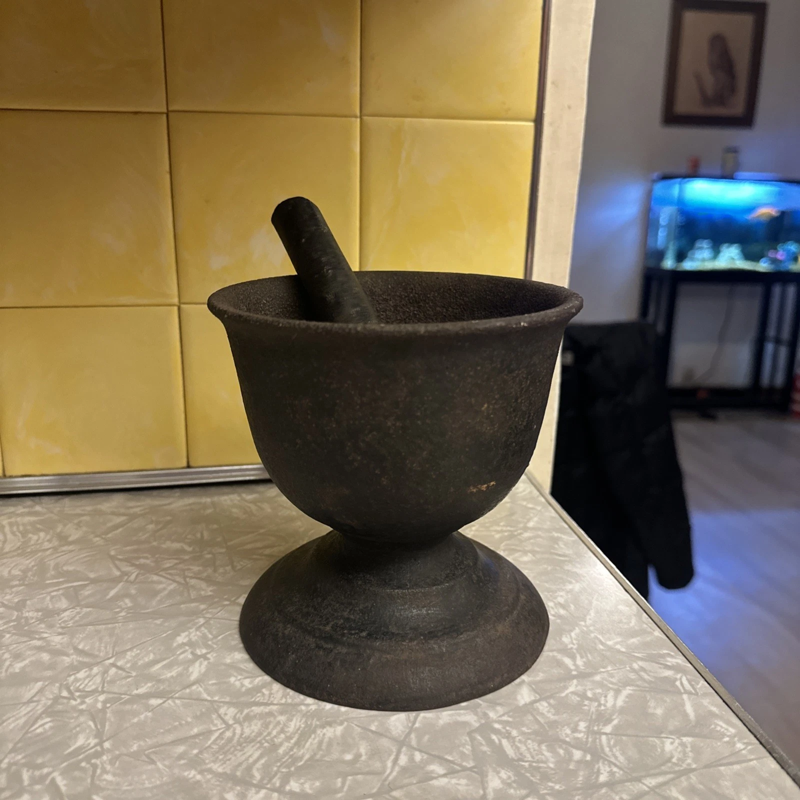 LARGE Antique Cast Iron Mortar and Pestle Rare 6" early 19th century 11lbs