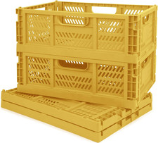 4 Pack Stackable Plastic Storage Crates, Folding Bins 16X12X6 Yellow Carry Han
