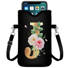 Neoprene Cell Sleeve Pouch 7.6"x4.3" with Crossbody Strap, 2 Pockets, Black