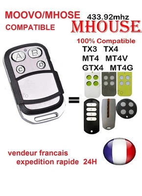 TÉLÉCOMMANDE compatible MOOVO MT4 MT4V MT4G MHOUSE TX3 TX4 GTX4 433,92Mhz