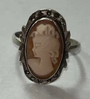 VINTAGE MARCASITE 800 SILVER CARVED SHELL CAMEO RING LEFT FACING SIZE 7
