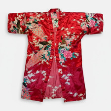 Wine Red Peacock Floral Satin Kimono Robe Jacket Japanese Inspired Layer