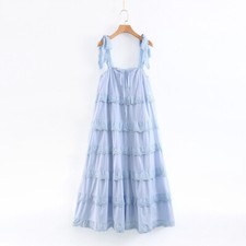 Women Fashion Loose Pleated Layered Embroidered Cotton Suspender Dress In Summer
