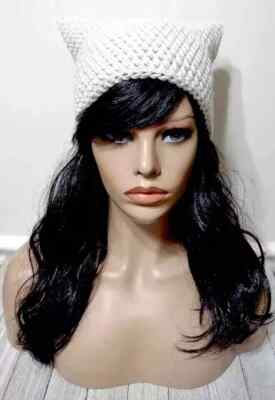 crochet womans handmade hat kitty cat ears beanie cream aran new