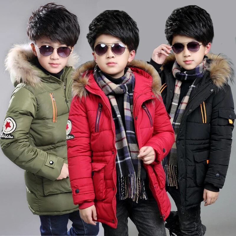Keep Warm Winter Boys Jacket 3-14 Year Fur Collar Thick Hooded for