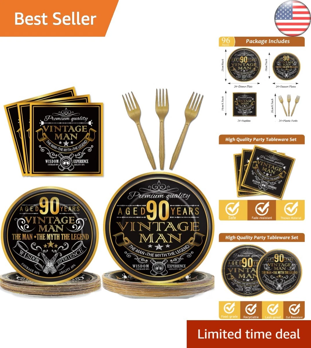 Premium Party Tableware Set Gold Paper Plates Napkins 96 Pcs