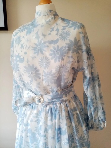 70s Vintage Blue Floral Summer Blouson Dress Jaeger Sheer Bodice Lined Skirt - Picture 2 of 10