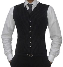 Man Black Pinstripe Real Steel Bones Front Steel Busk Vest Corsets