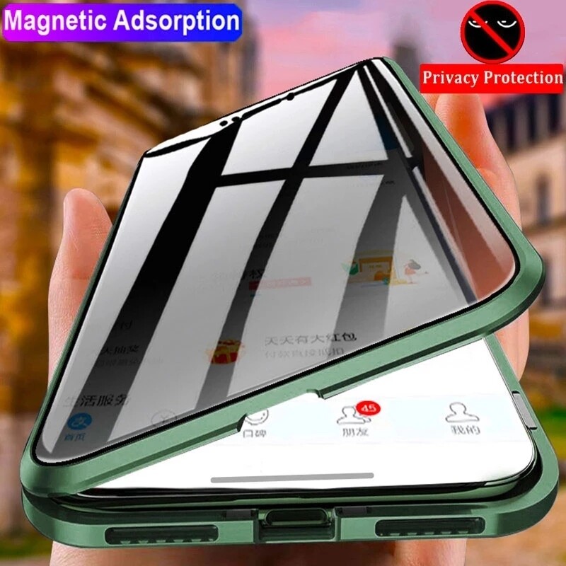 Magnetic Metal Frame Anti Spy Privacy Tempered Glass Cover For iPhone Phone  Case