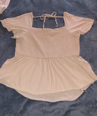 Boho Shirred top Women s XL square neck and tie back Raw hem sleeves & bottom