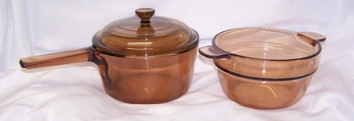 Pyrex Vision Corning Ware AMBER Glass 1.5 L/QT Sauce Pan  W/Lid & Double Boiler!