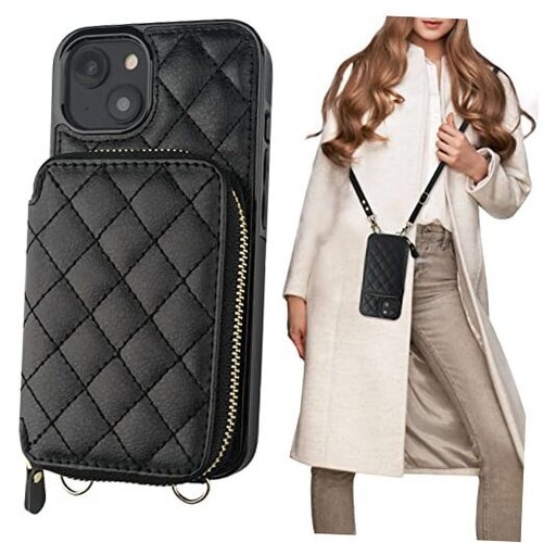 Crossbody Wallet Case for iPhone 14, RFID Blocking PU Leather Zipper Black