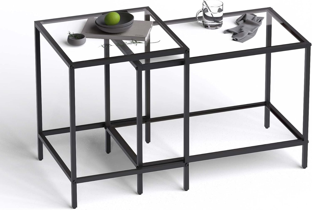 Glass Side Table GOOCOO Nesting Coffee Table Set Of 2 – Black Glass ...