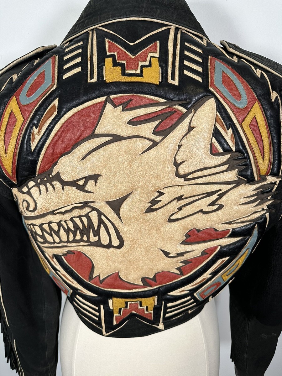 ジャケット・アウター if 14th drape leather sword jacket RARE!!! 1980s Baja Leather WOLF Moto Jacket Chief Fringe