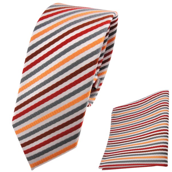 Schmale Tigertie Krawatte + Einstecktuch Orange Rot Braun Silber Grau Gestreift-image