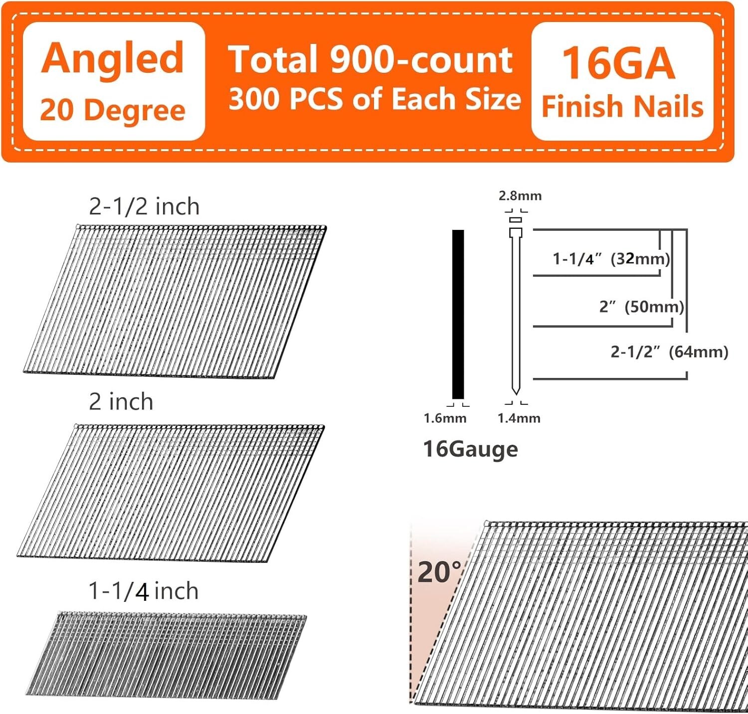 Versatile 16-Gauge Angled Finish Nails 900-Pack - Rust-Resistant & Durable