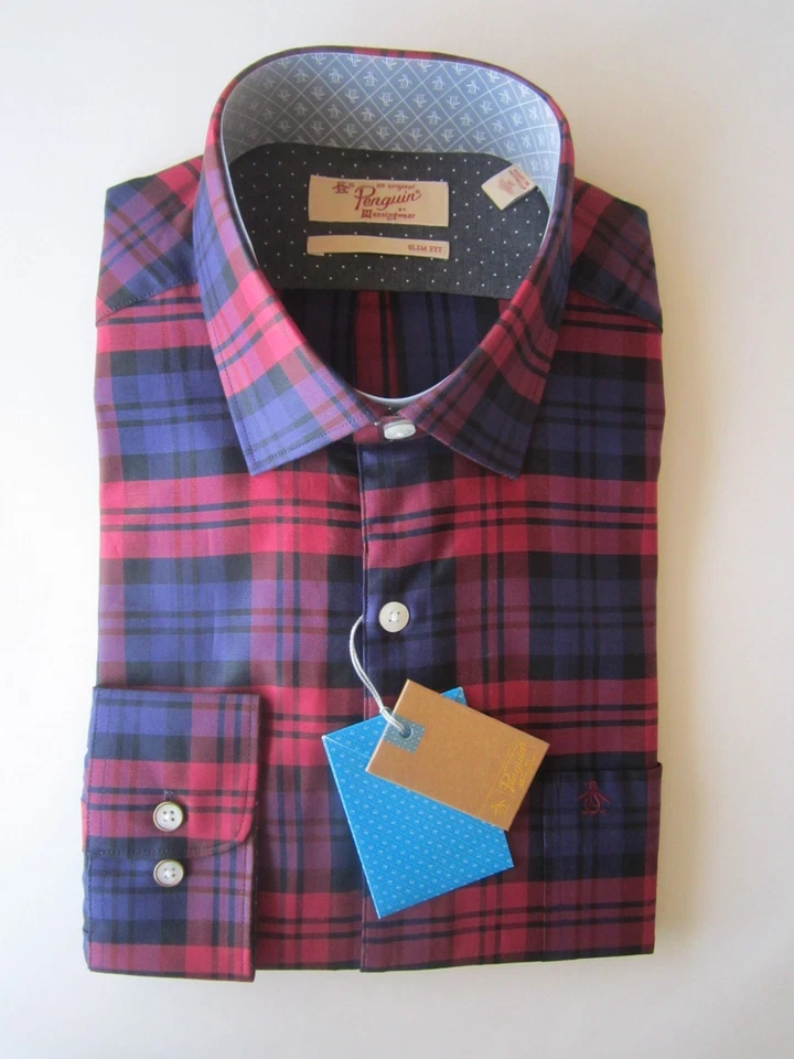 $90 Penguin Munsingwear Camisa a Cuadros Calce Ajustado Para Hombres Rojo Cordobés Manga Larga Nueva Foto 3 de 4
