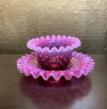 Fenton Cranberry Hobnail Ruffle Edge Glass Mayonnaise Bowl & Plate Set RARE 6in