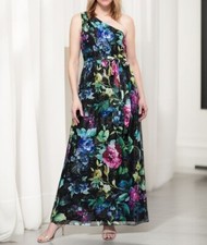SLNY Fashions Womens Ties Floral Printed One Shoulder Maxi Dress Black Multi NWT