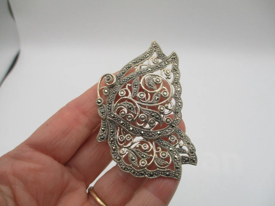 925 STERLING SILVER MARCASITE LARGE BUTTERFLY BROOCH ~ 2 3/4"