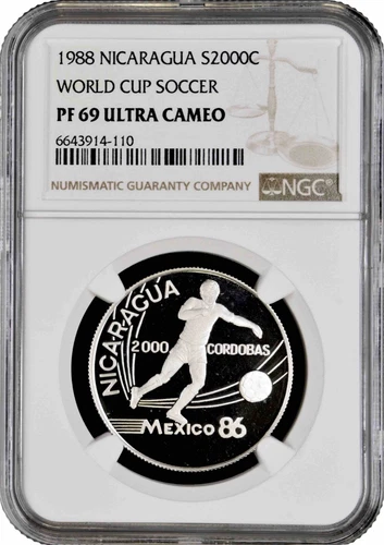 Nicaragua 2000 cordobas 1988, NGC PF69 UC, "1986 FIFA World Cup" Top Pop 1/0