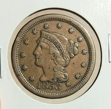 1853 DATED BRAIDED HAIR LARGE CENT (1 c.) US COIN EXTRA FINE PLUS (XF+)CONDITION
