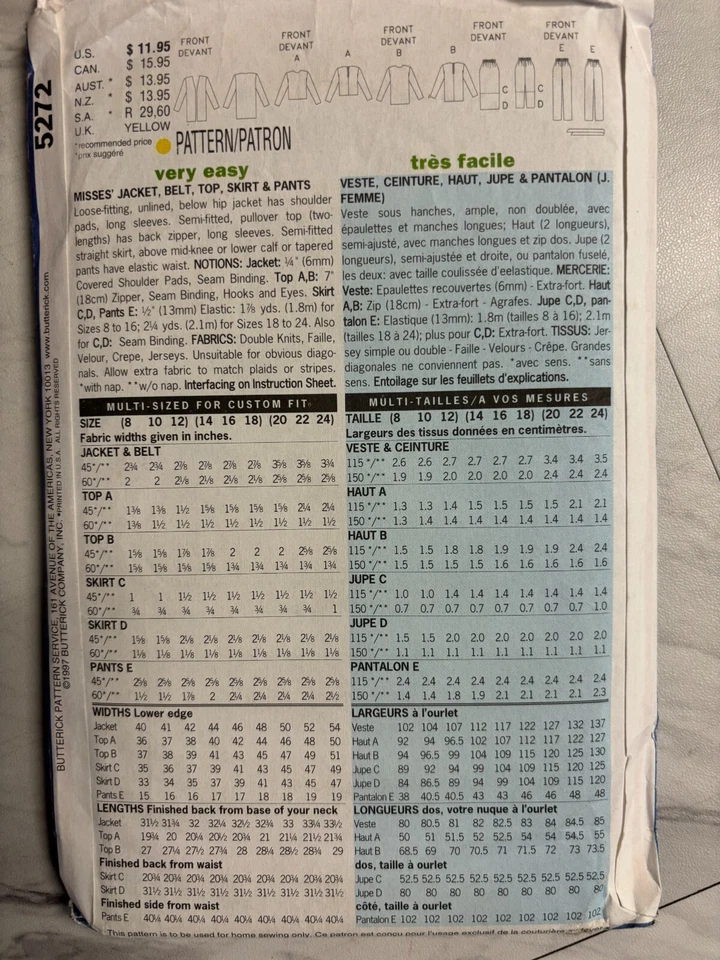 Women's Sewing Pattern Size 8 10 12 Top Pants Skirt Jacket Uncut Butterick 5272 - Image 2 of 2