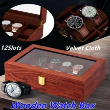 12 Slot Gold Wooden Watch Box For Men - Luxury Accents Display Box Holder Gift