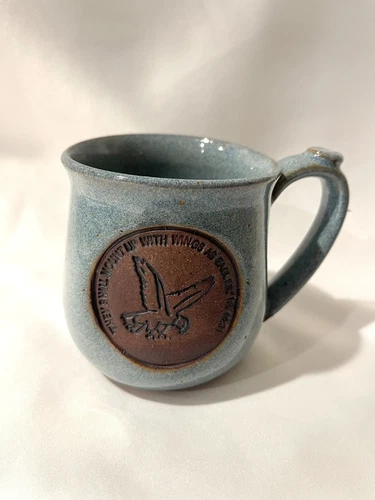 Mug Coffee Tea Cup Christian Decor Eagle Blue HandThrown Pottery Signed Speckled