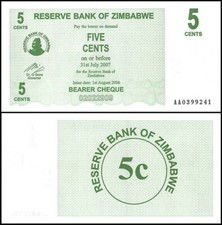 Zimbabwe 5 cents Bearer s Cheque 2006 UNC Uncirculated P-34