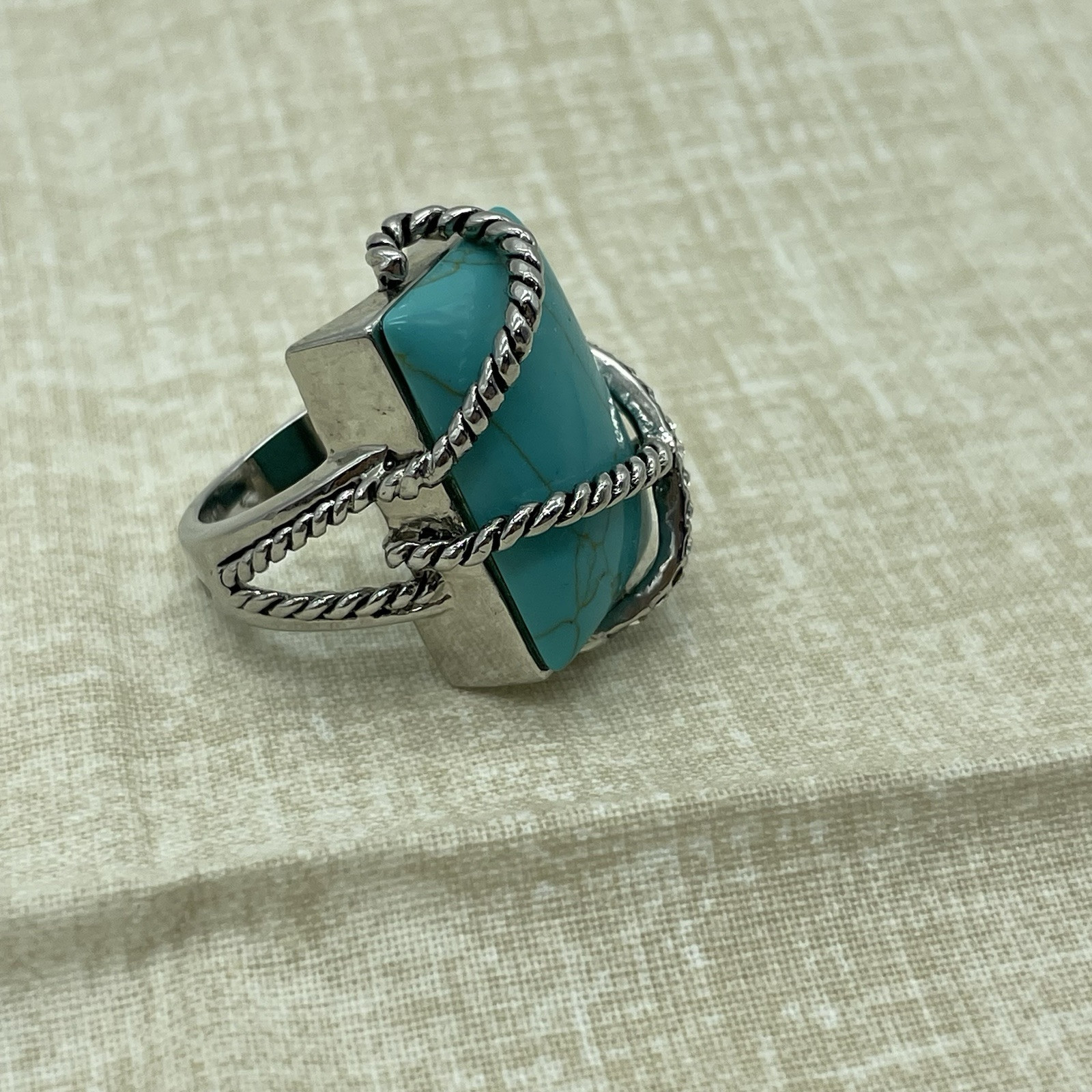 Rectangular Faux Turquoise Ring Size 8 Silver Ton… - image 1