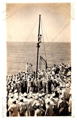 1910s US Navy Sailor Climbing Pole & Cheering Crowd Vintage Real Photo Postcard