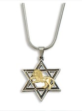 Collar colgante de metal superpuesto estrella de David con León de Judá - cadena incluida
